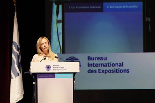 The President of the Council of Ministers of Italy, Giorgia Meloni, addressing the 172nd General Assembly of the BIE to promote the candidature to organise World Expo 2030 in Rome
